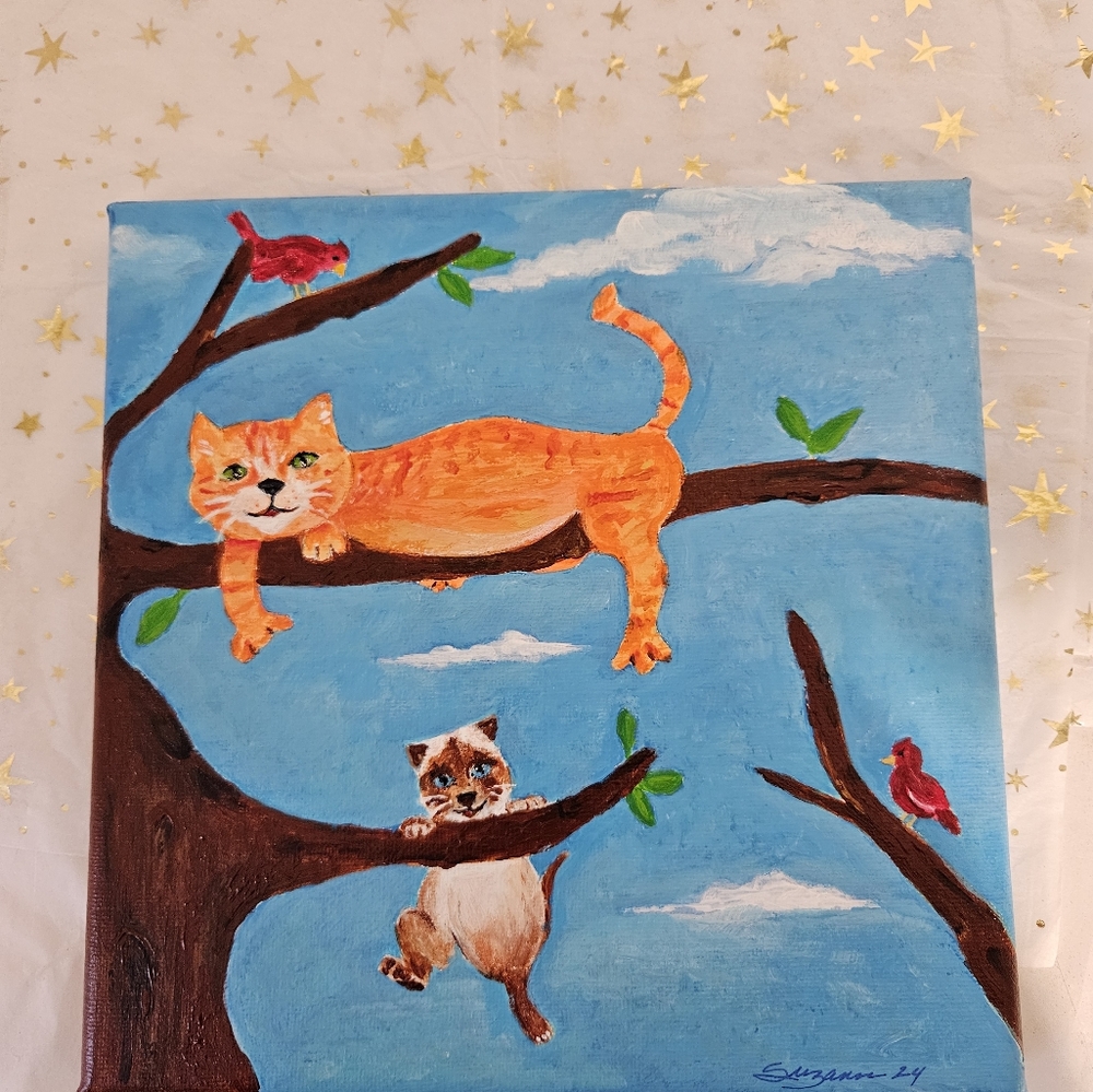 Original Art /Acrylic Canvas /Cute Kitties in a Tree / 8in x 8in - Picture 7 of 11